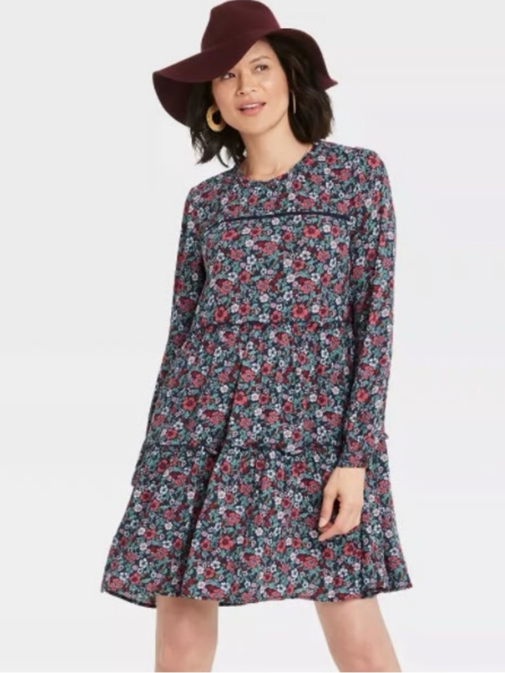 𝙆𝙣𝙤𝙭 𝙍𝙤𝙨𝙚 Floral Long-Sleeve Tiered Swing Dress Medium